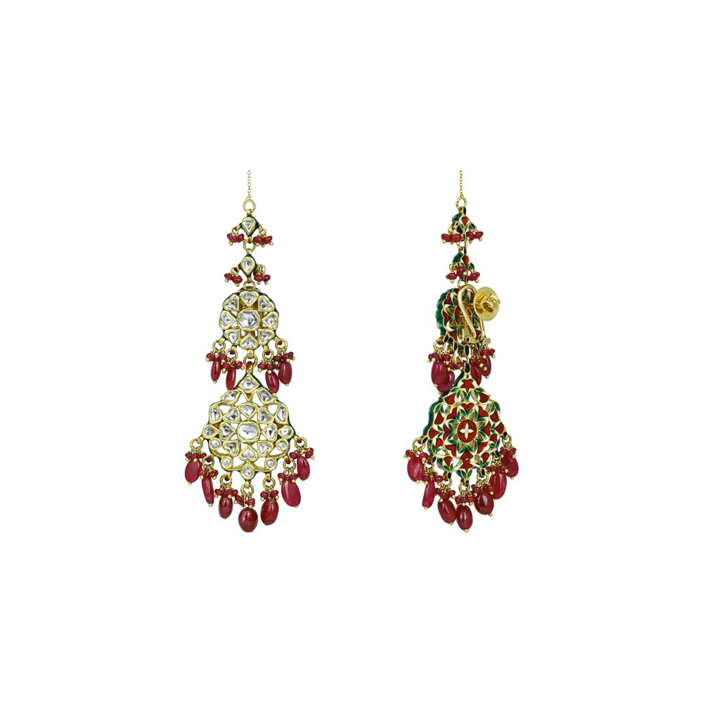 Cascading Polki Diamond Earrings with Ruby Maniya